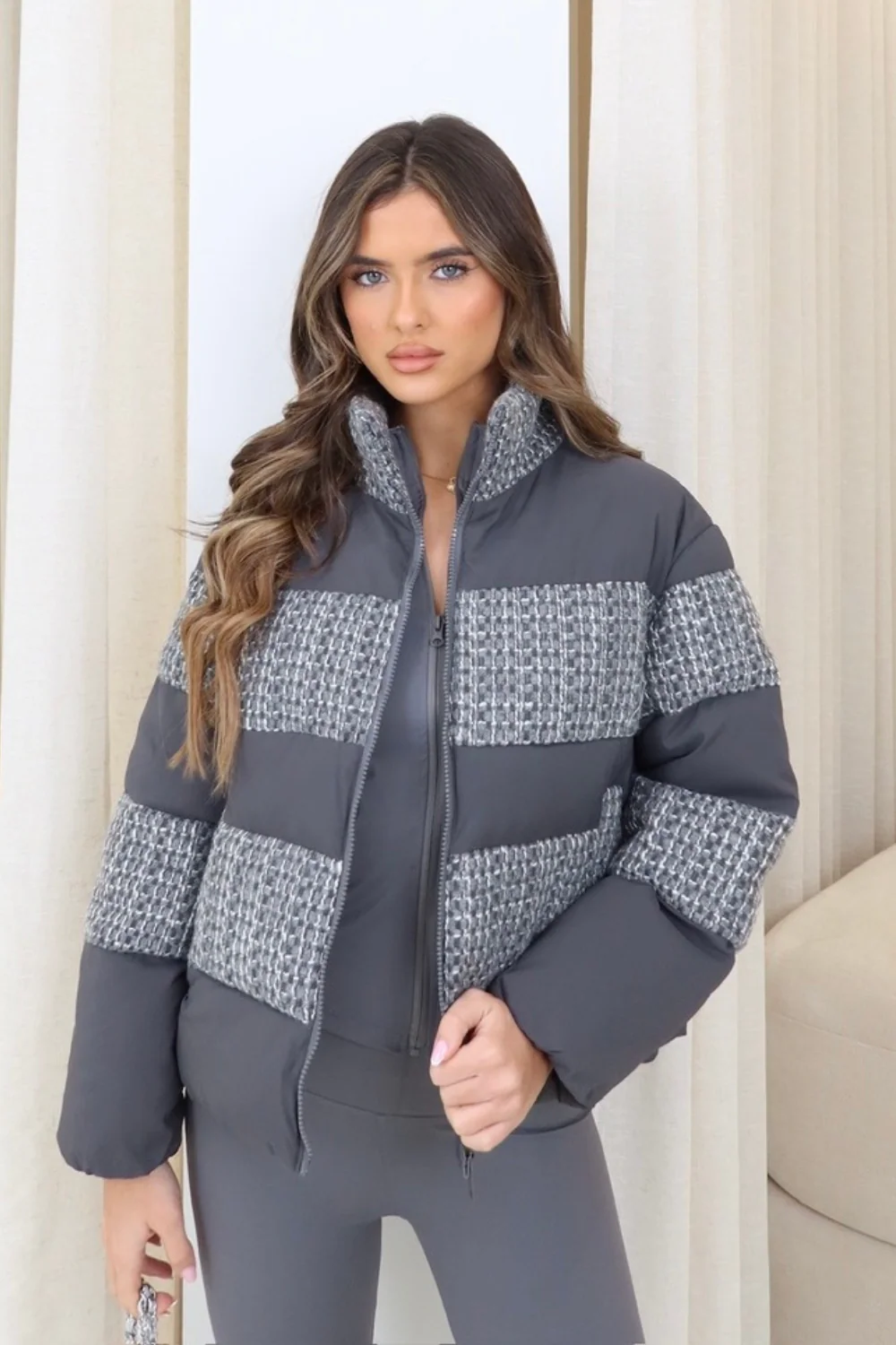 Camille grey tweed short puffer coat - Image 2