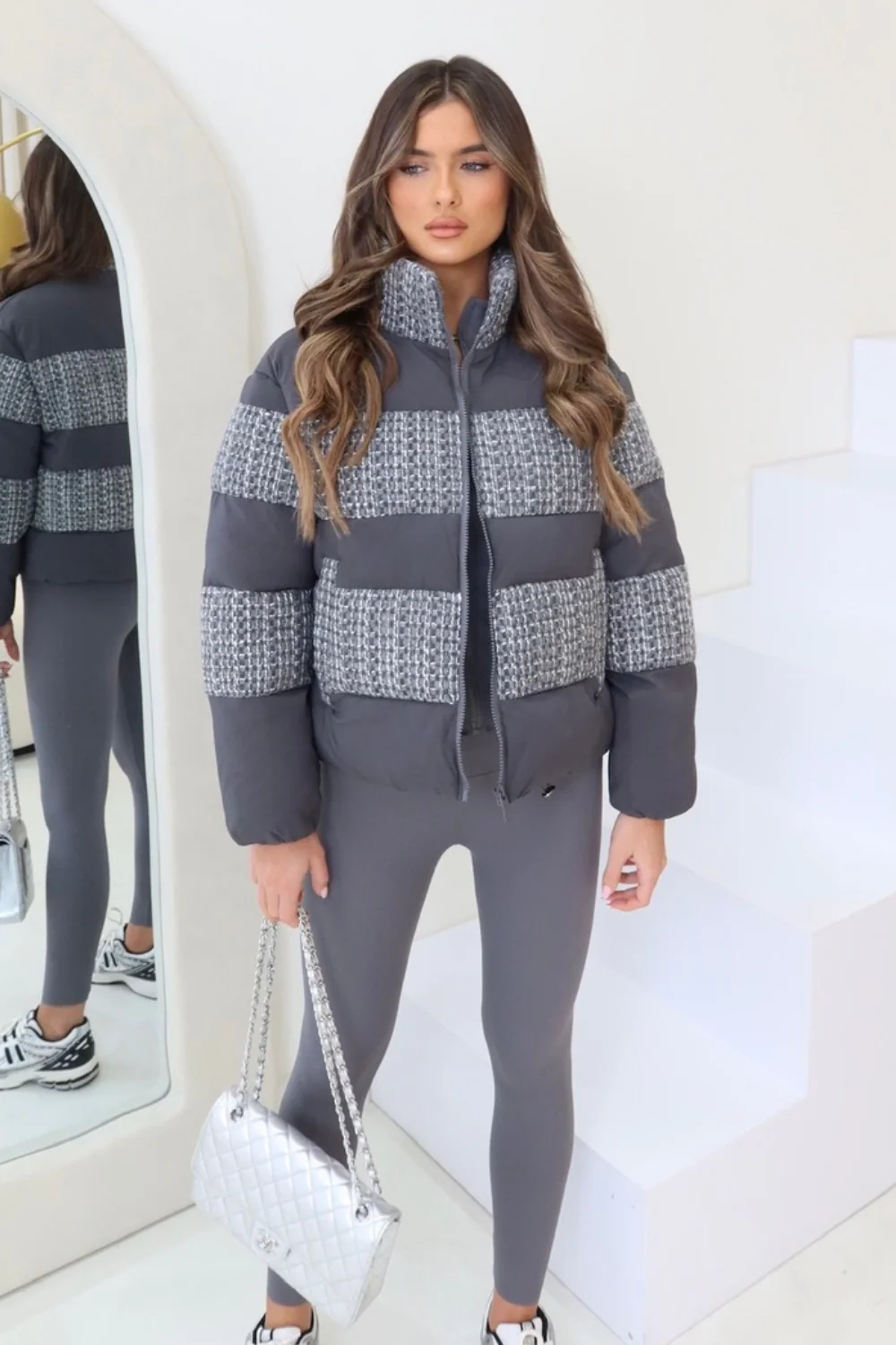 Camille grey tweed short puffer coat - Image 3