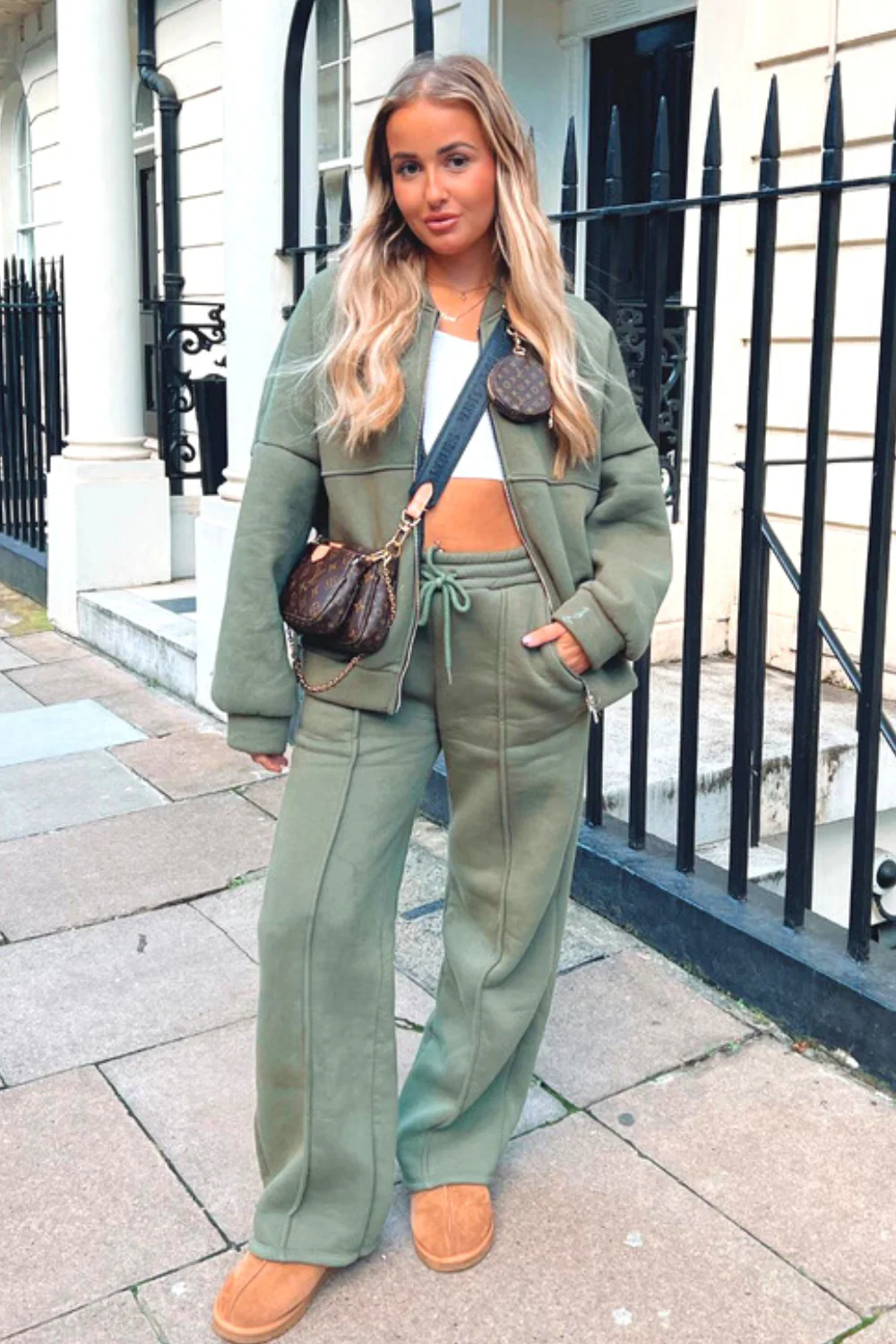 Camille khaki green bomber jacket and straight leg jogger loungewear - Image 2