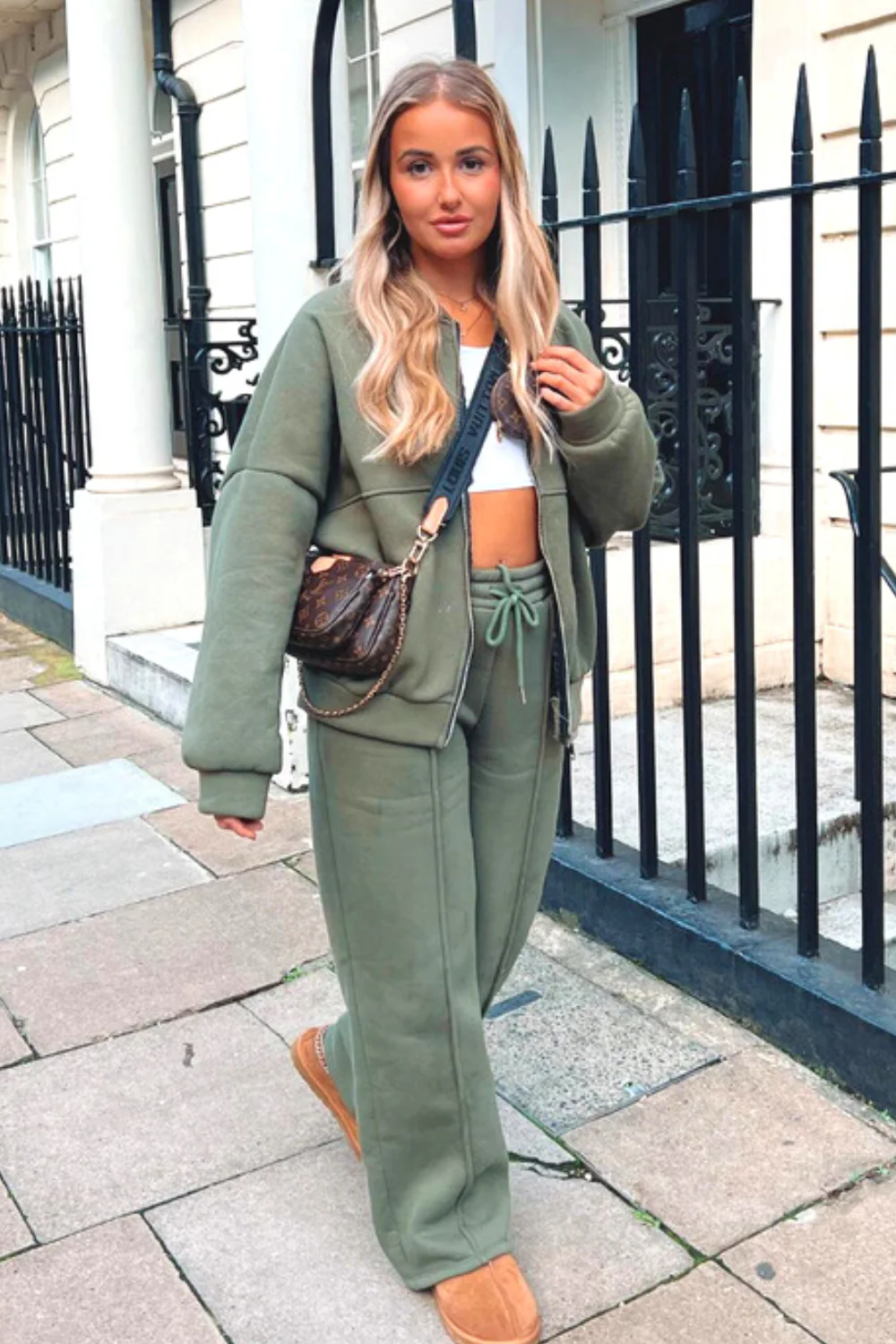 Camille khaki green bomber jacket and straight leg jogger loungewear - Image 3