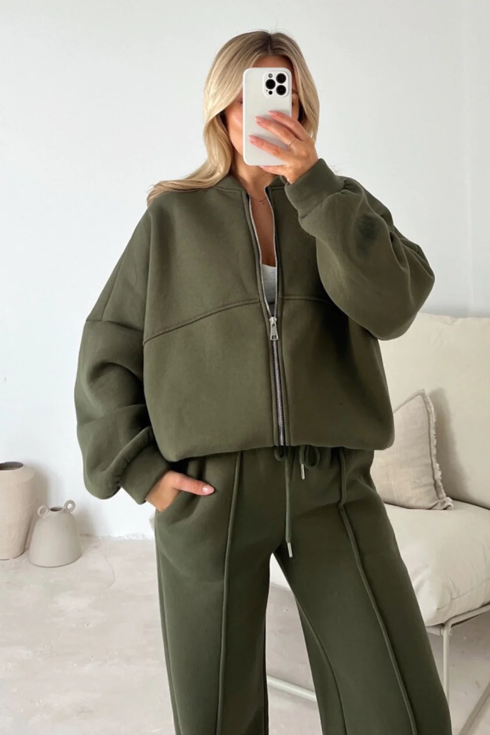 Camille khaki green bomber jacket and straight leg jogger loungewear - Image 4
