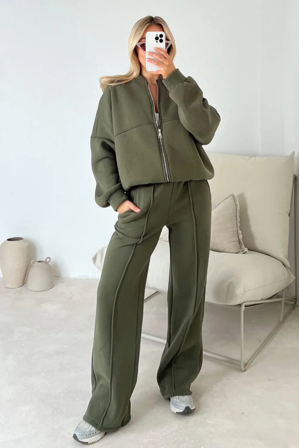 Camille khaki green bomber jacket and straight leg jogger loungewear - Image 5