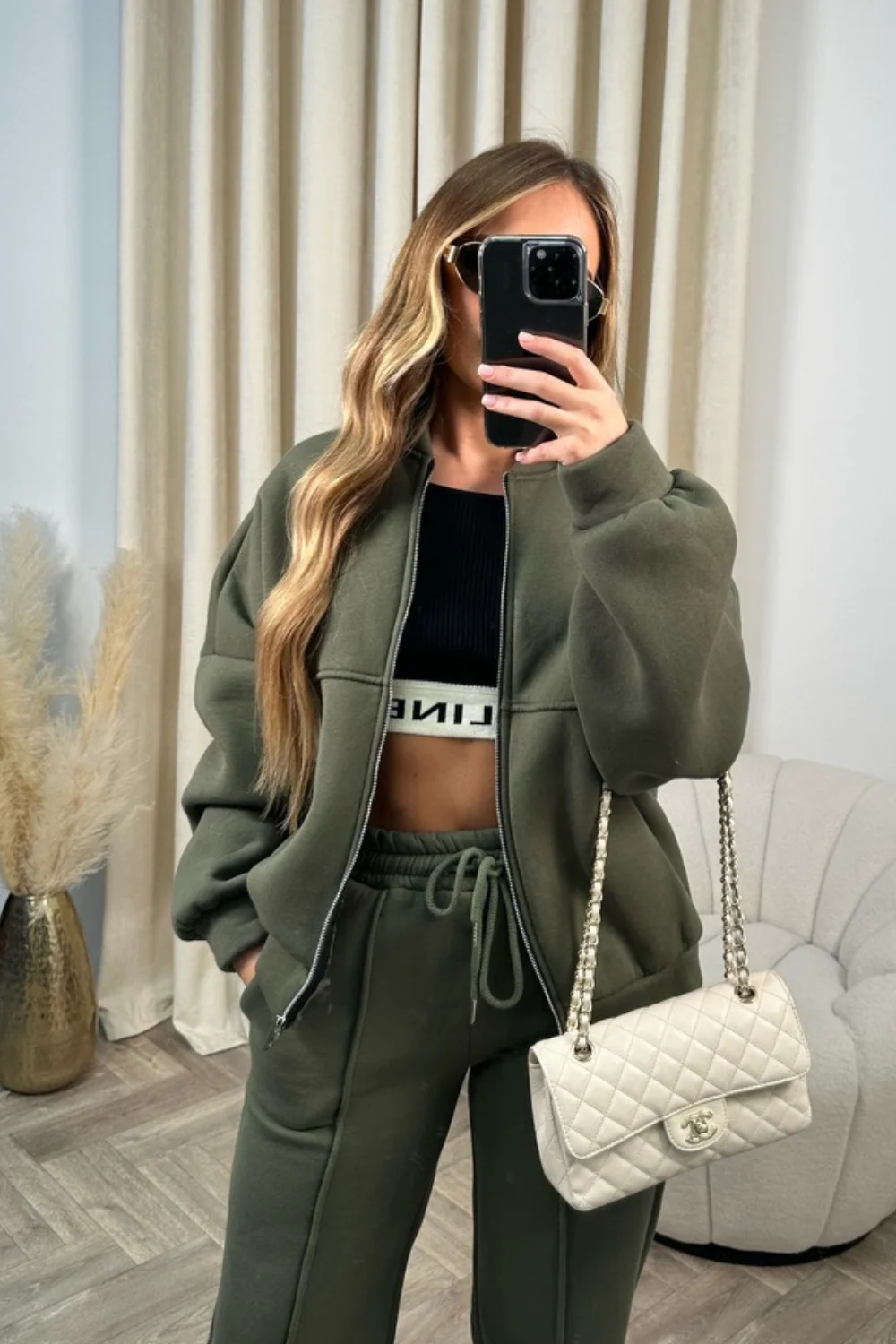 Camille khaki green bomber jacket and straight leg jogger loungewear - Image 6