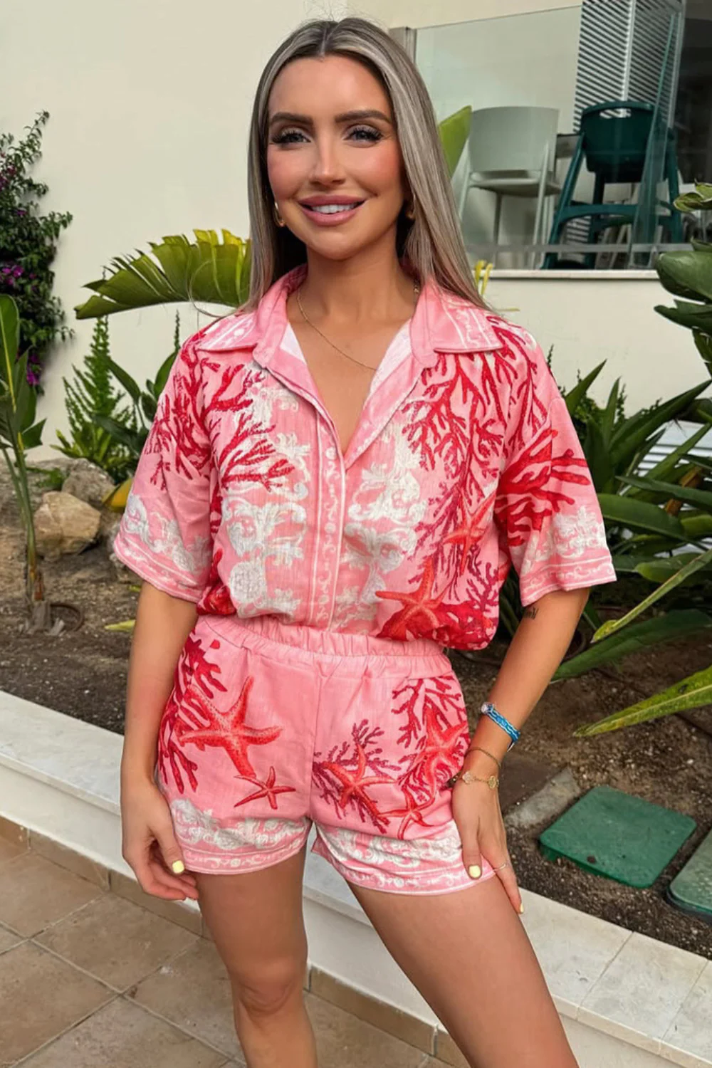 CAMILLE PINK CORAL PRINTED LINEN SHIRT AND SHORTS CO ORD TWO PIECE SET
