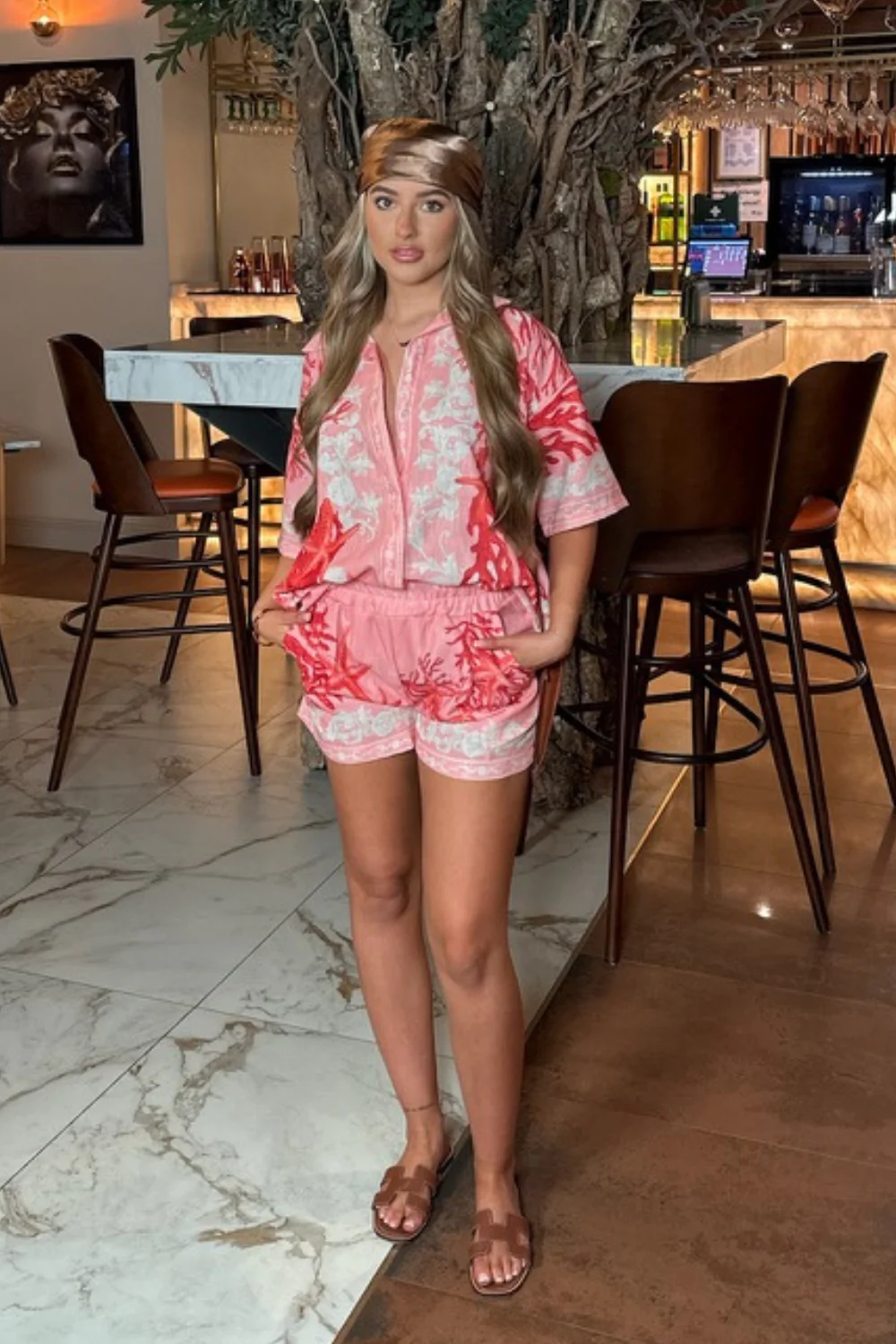 CAMILLE PINK CORAL PRINTED LINEN SHIRT AND SHORTS CO ORD TWO PIECE SET - Image 3