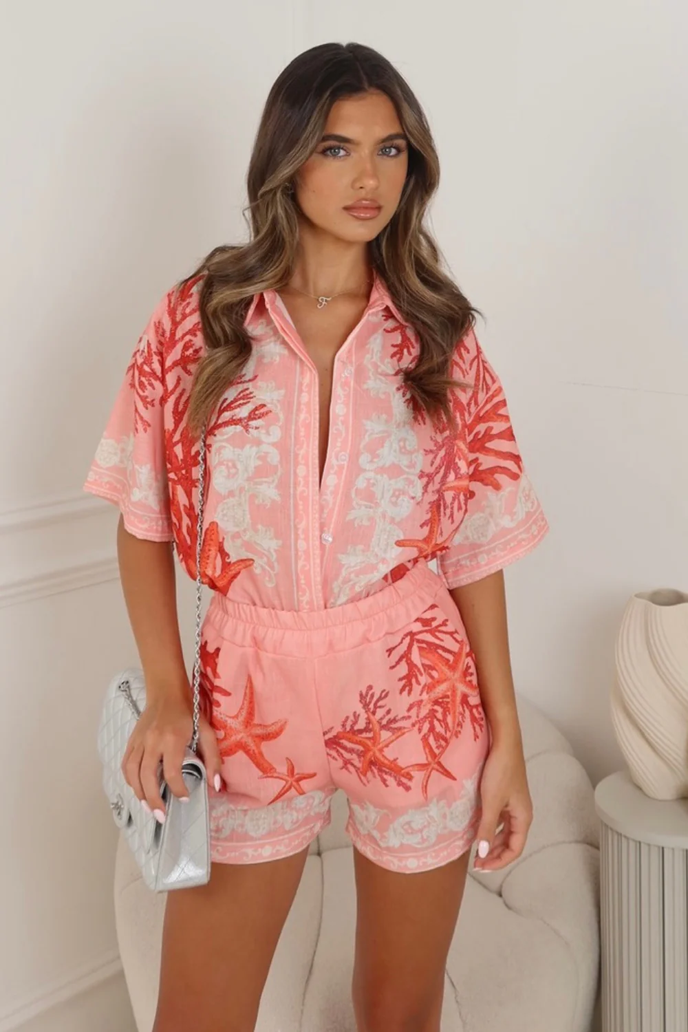 CAMILLE PINK CORAL PRINTED LINEN SHIRT AND SHORTS CO ORD TWO PIECE SET - Image 5