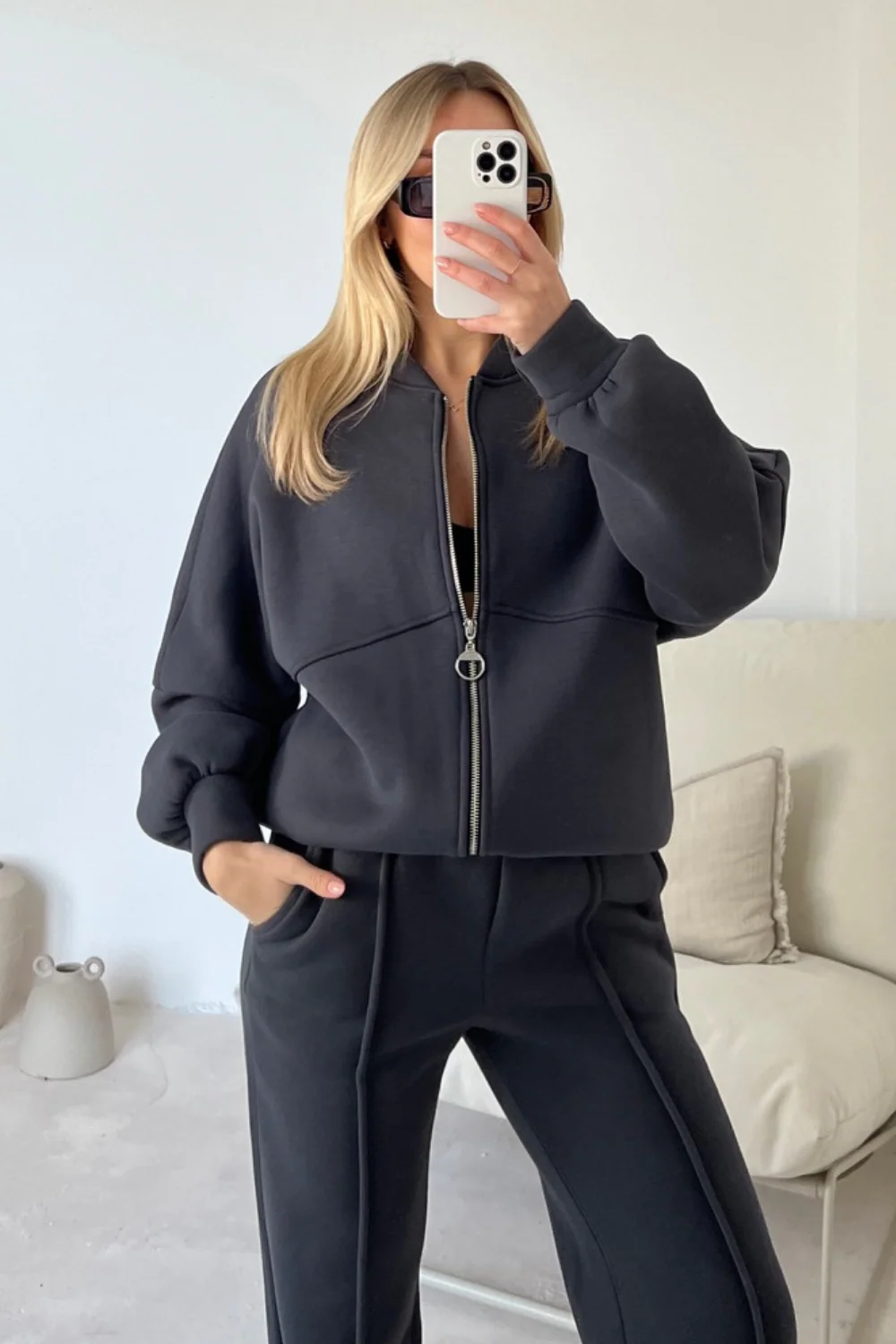 Camille steel grey bomber jacket and straight leg jogger loungewear - Image 2