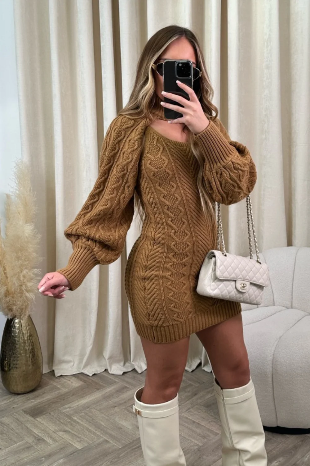 Candice Camel Cable Knit Two Piece Dress - Image 2