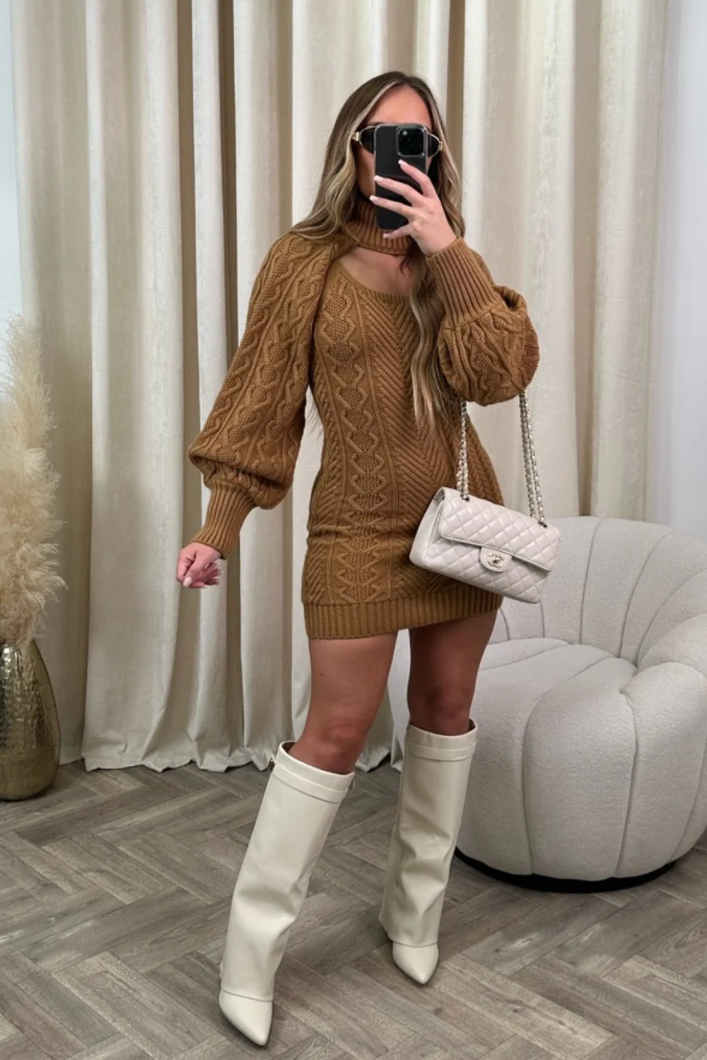 Candice Camel Cable Knit Two Piece Dress - Image 3