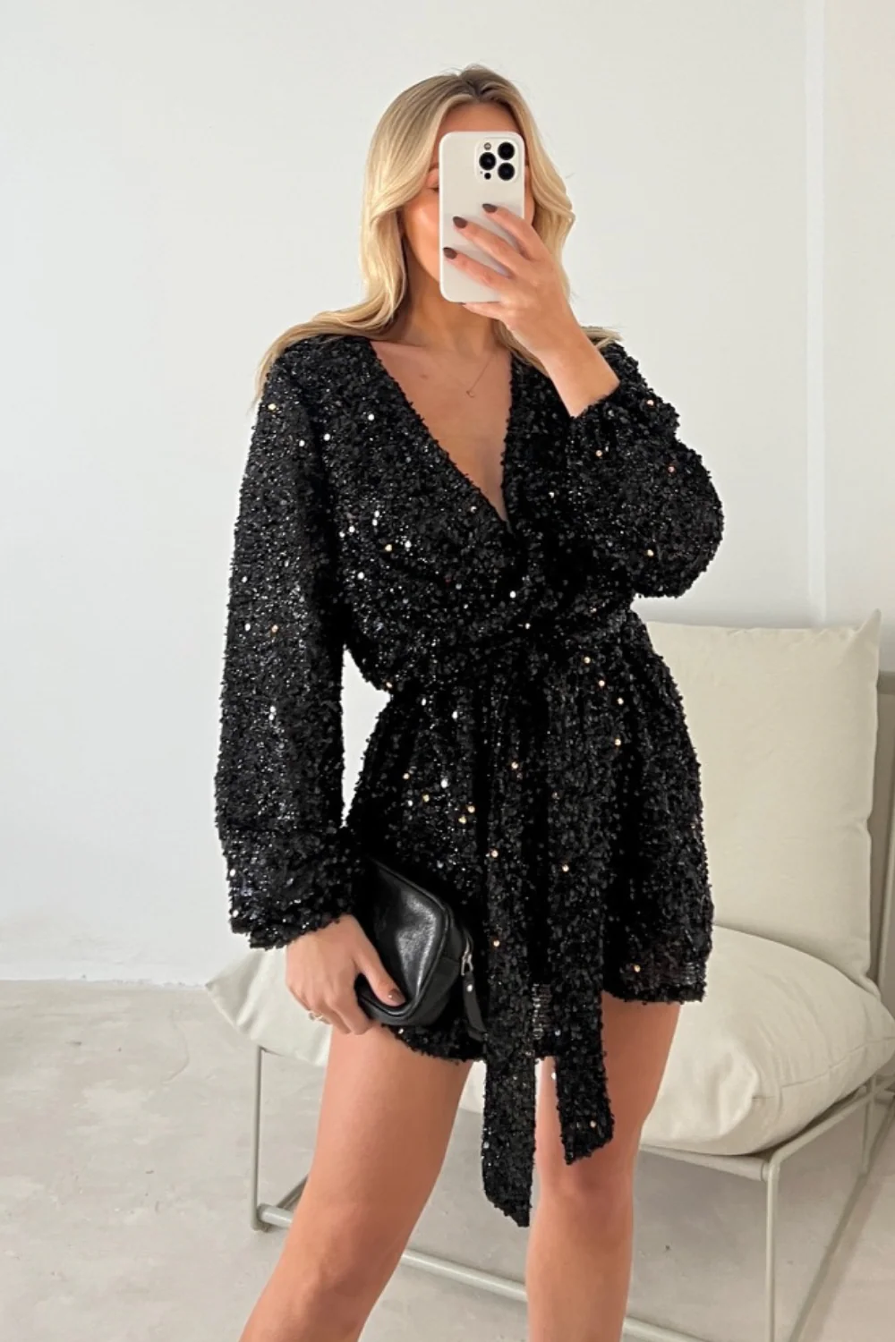 Candy black sequin tie waist mini dress - Image 2
