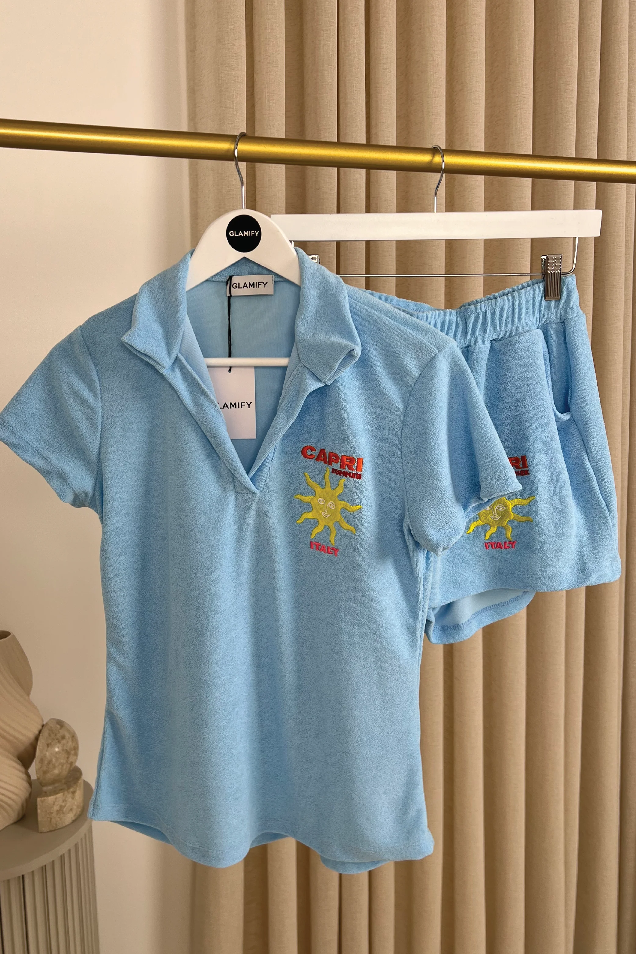 Capri blue embroidered towelling polo shorts co-ord - Image 3
