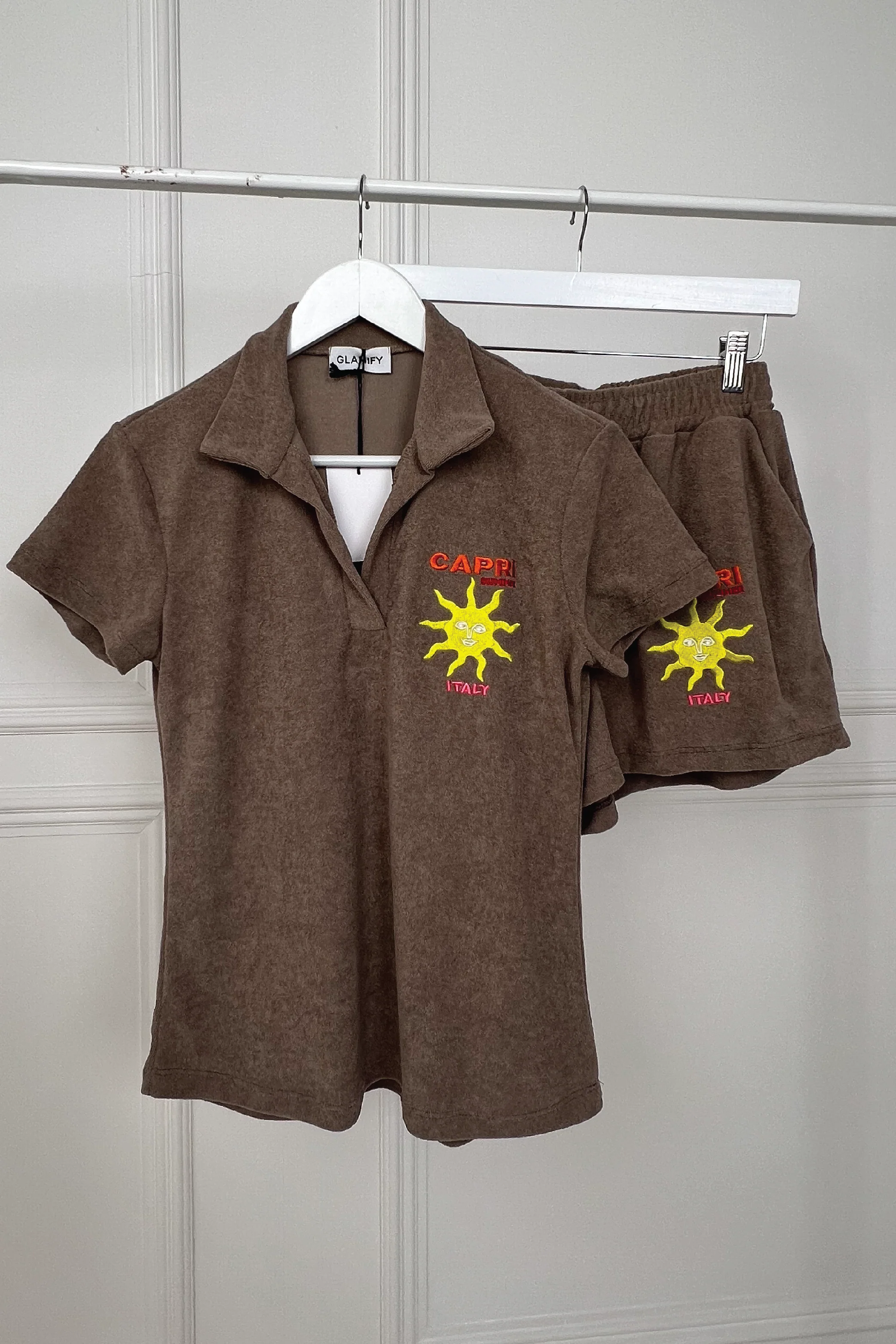 Capri mocha embroidered towelling polo shorts co-ord - Image 3