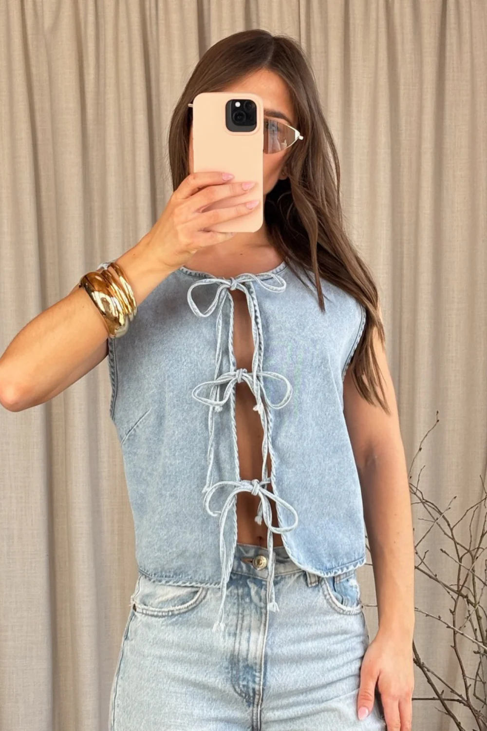 Carla blue denim tie front waistcoat - Image 2