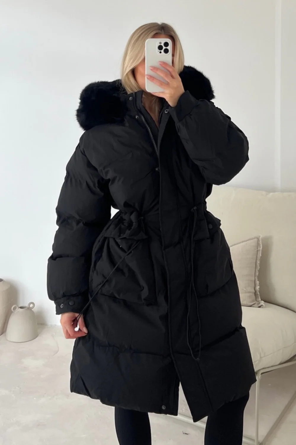 Carrie black long puffer coat with faux fur hood - Image 2