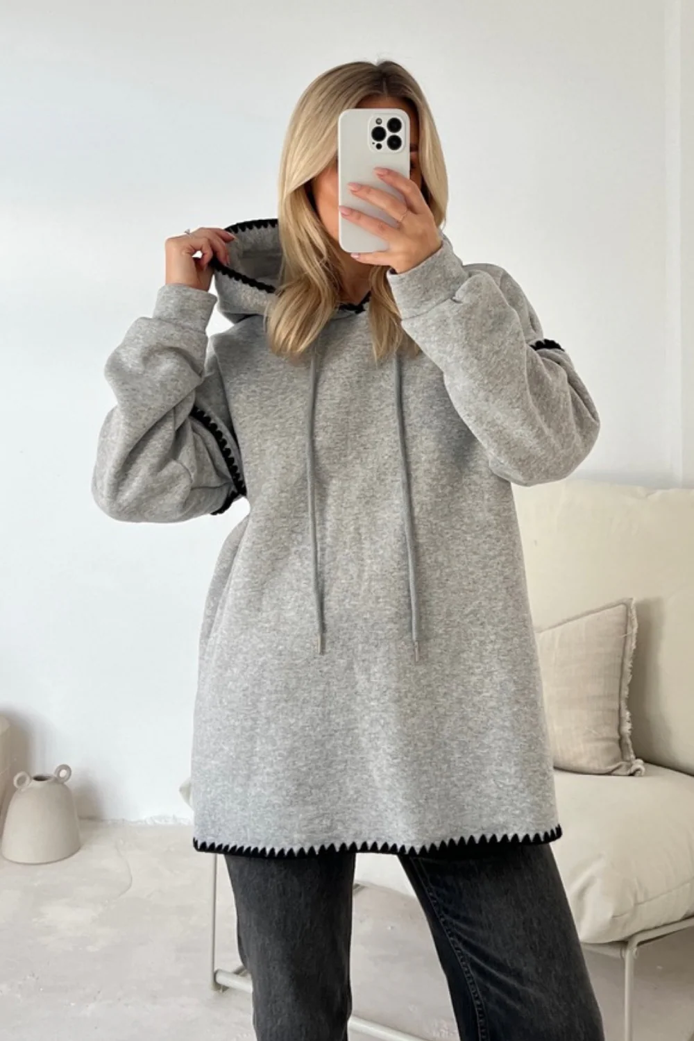 Cassandra grey hoodie with embroidered trim - Image 2