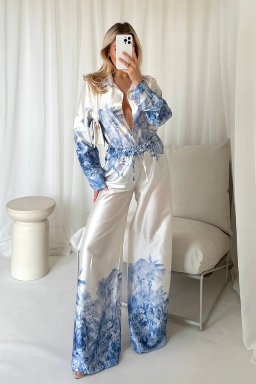 Charlie blue & cream tropical satin shirt and trouser co-ord - Image 3