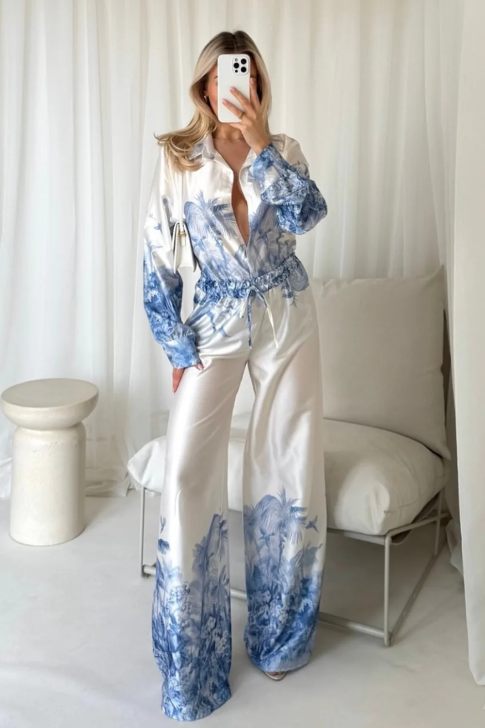 Charlie blue & cream tropical satin shirt and trouser co-ord - Image 4