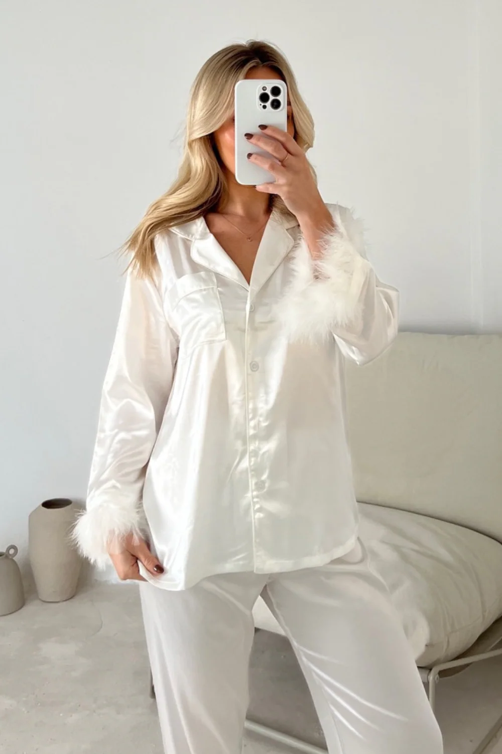 Charlotte white satin button up feather trim pyjamas - Image 2