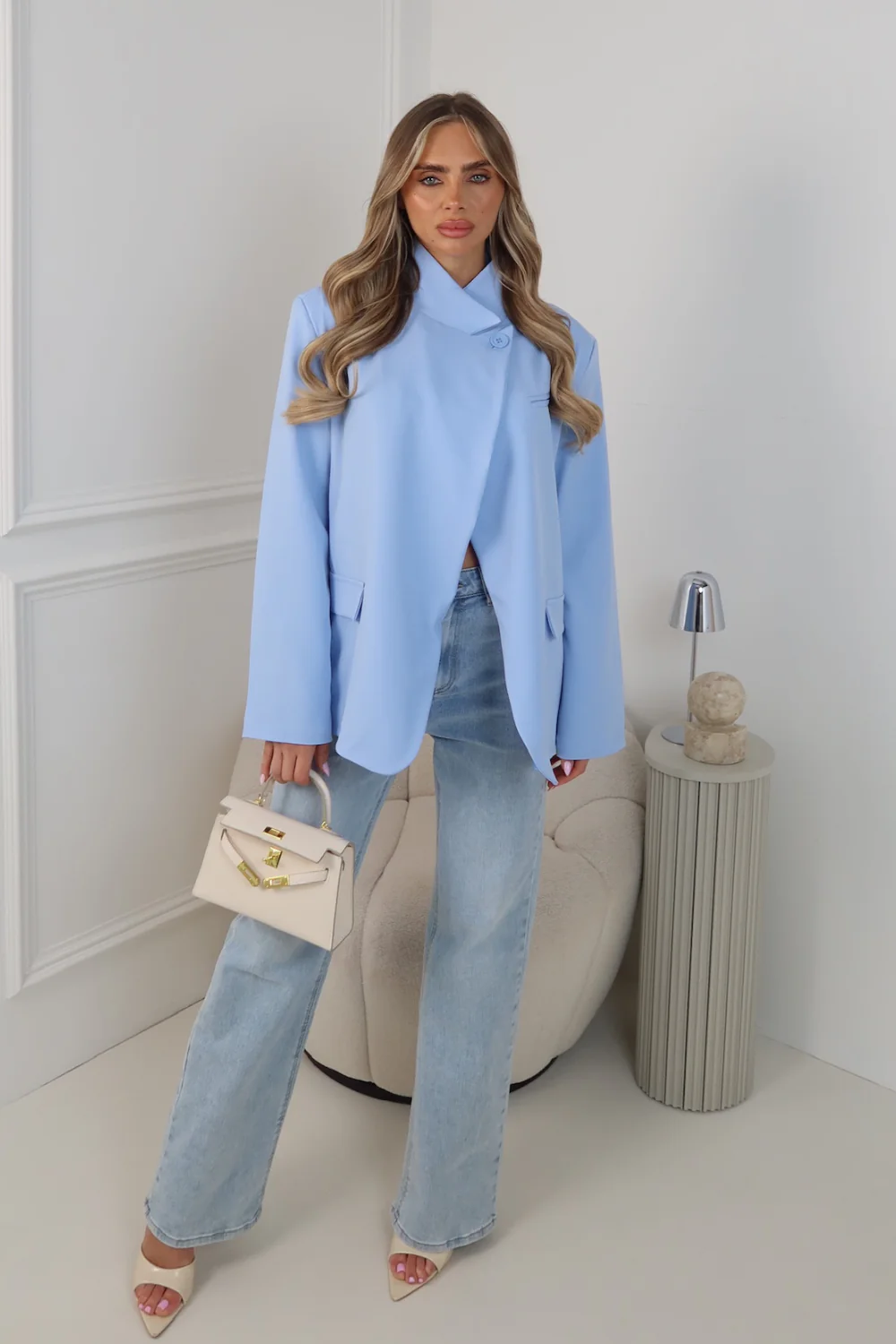 CHER  BLUE HIGH NECK SHOULDER PADDED BLAZER - Image 2