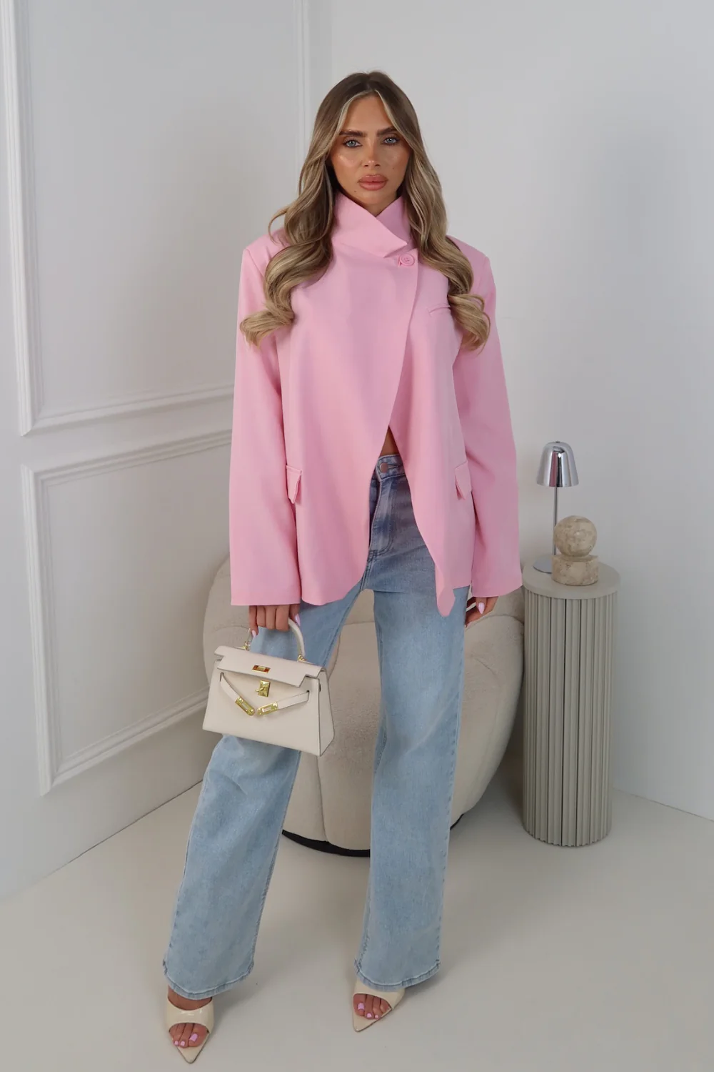 CHER PINK HIGH NECK SHOULDER PADDED BLAZER