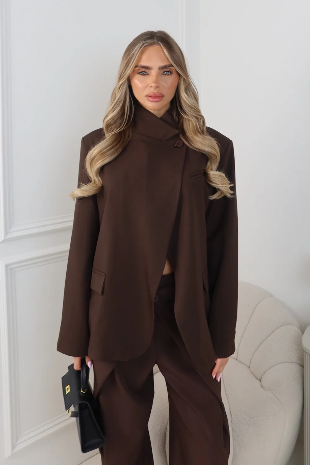 CHER CHOCOLATE HIGH NECK SHOULDER PADDED BLAZER