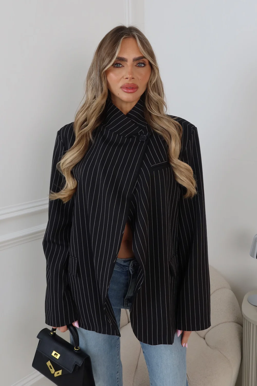 CHER PIN STRIPED BLACK HIGH NECK SHOULDER PADDED BLAZER