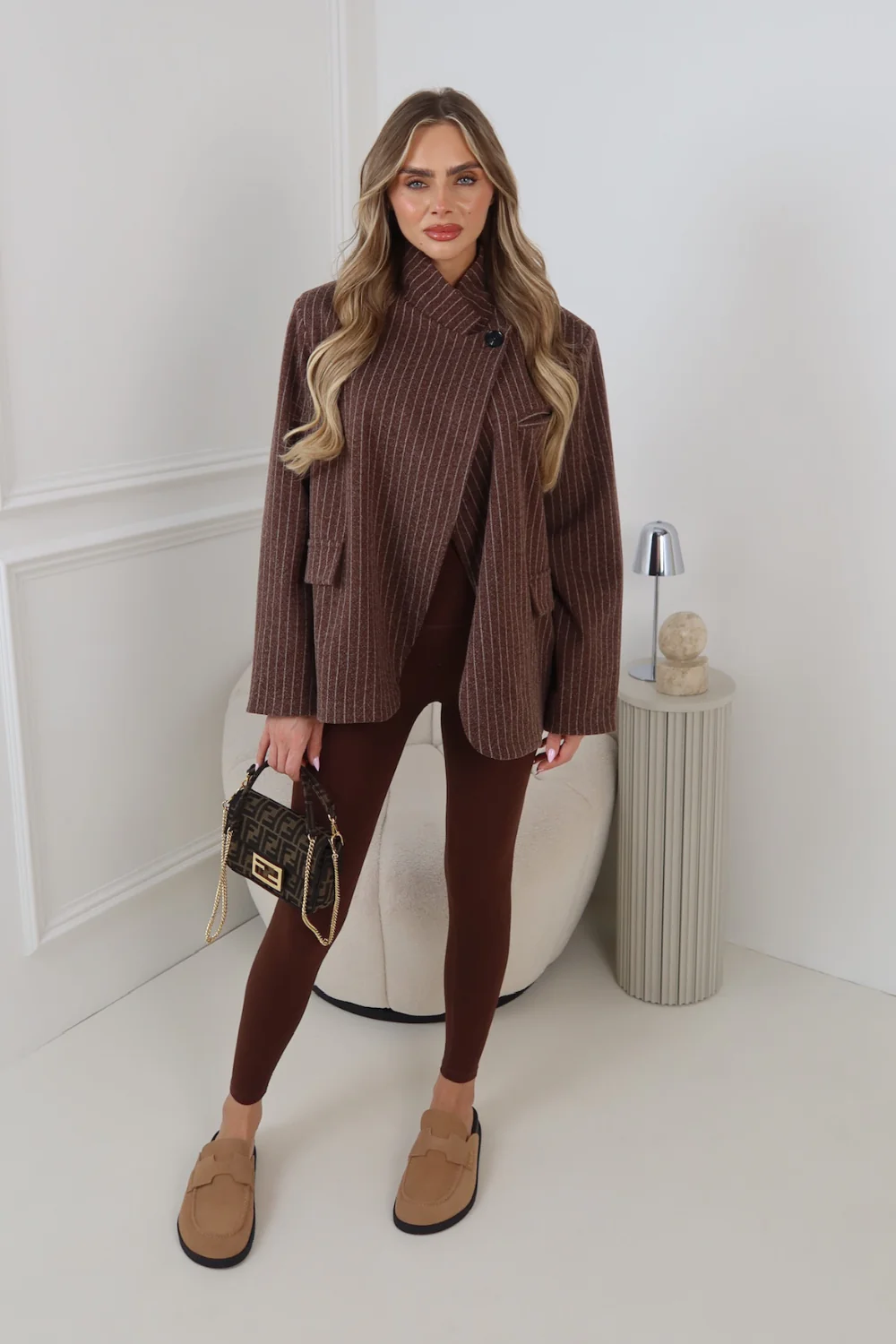 CHER PIN STRIPED CHOCOLATE HIGH NECK SHOULDER PADDED BLAZER