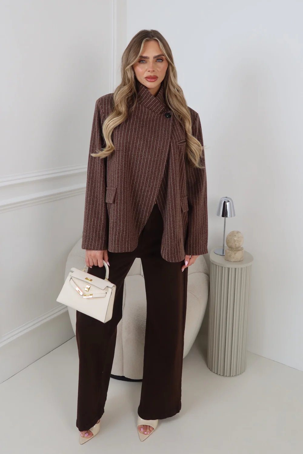 CHER PIN STRIPED CHOCOLATE HIGH NECK SHOULDER PADDED BLAZER - Image 2