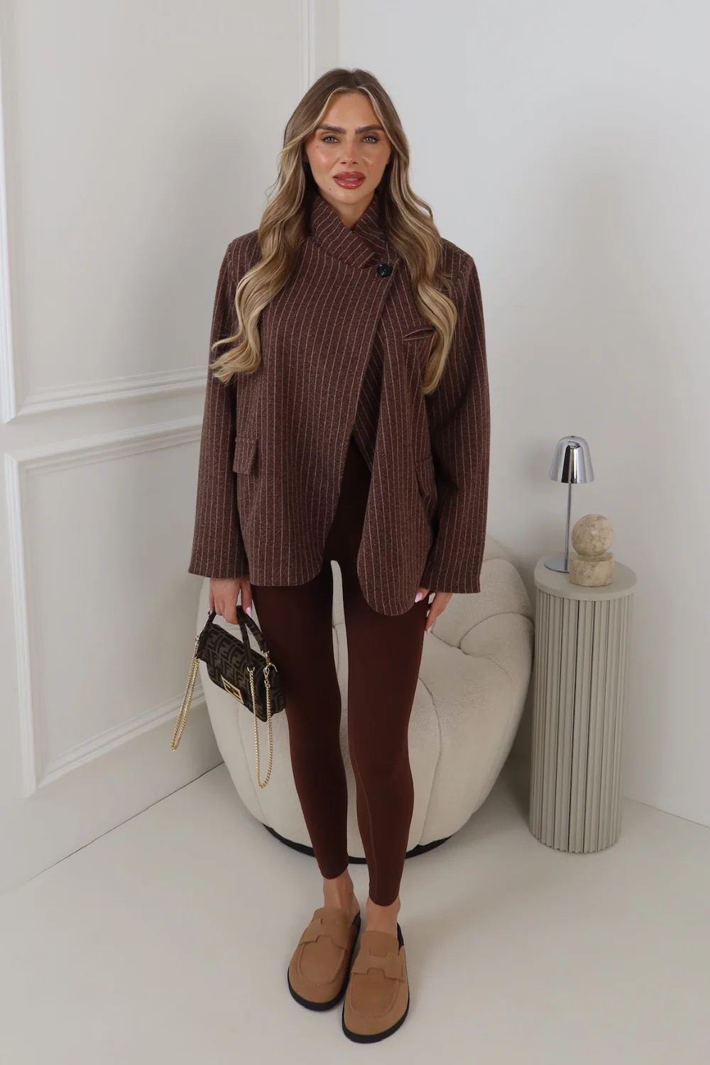CHER PIN STRIPED CHOCOLATE HIGH NECK SHOULDER PADDED BLAZER - Image 3