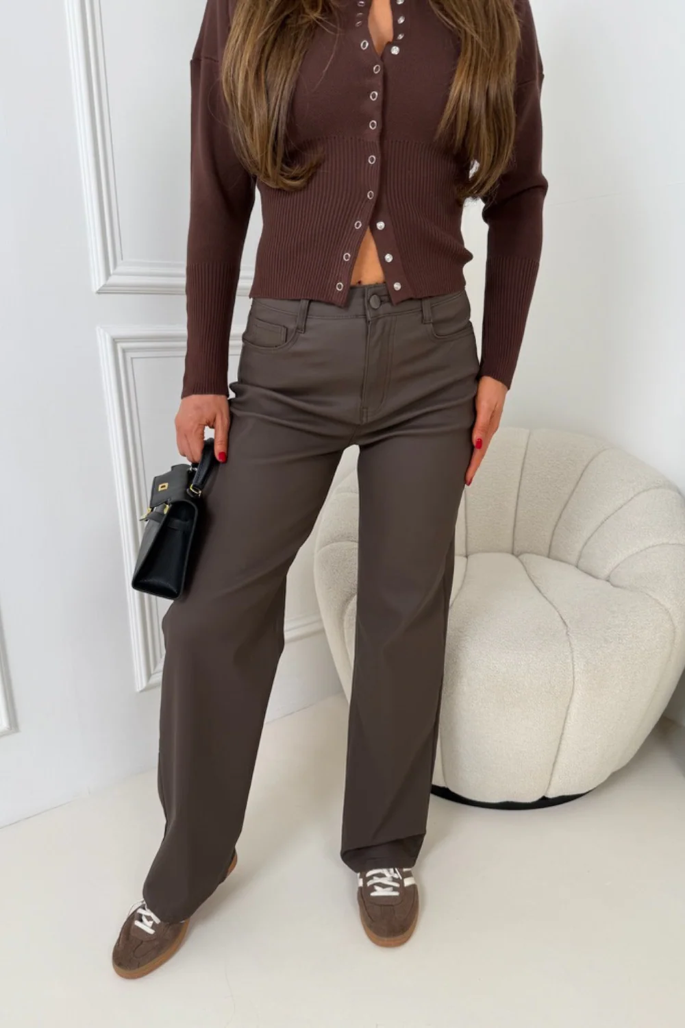 CHERRELL CHOCOLATE FAUX LEATHER WIDE LEG JEANS - Image 2
