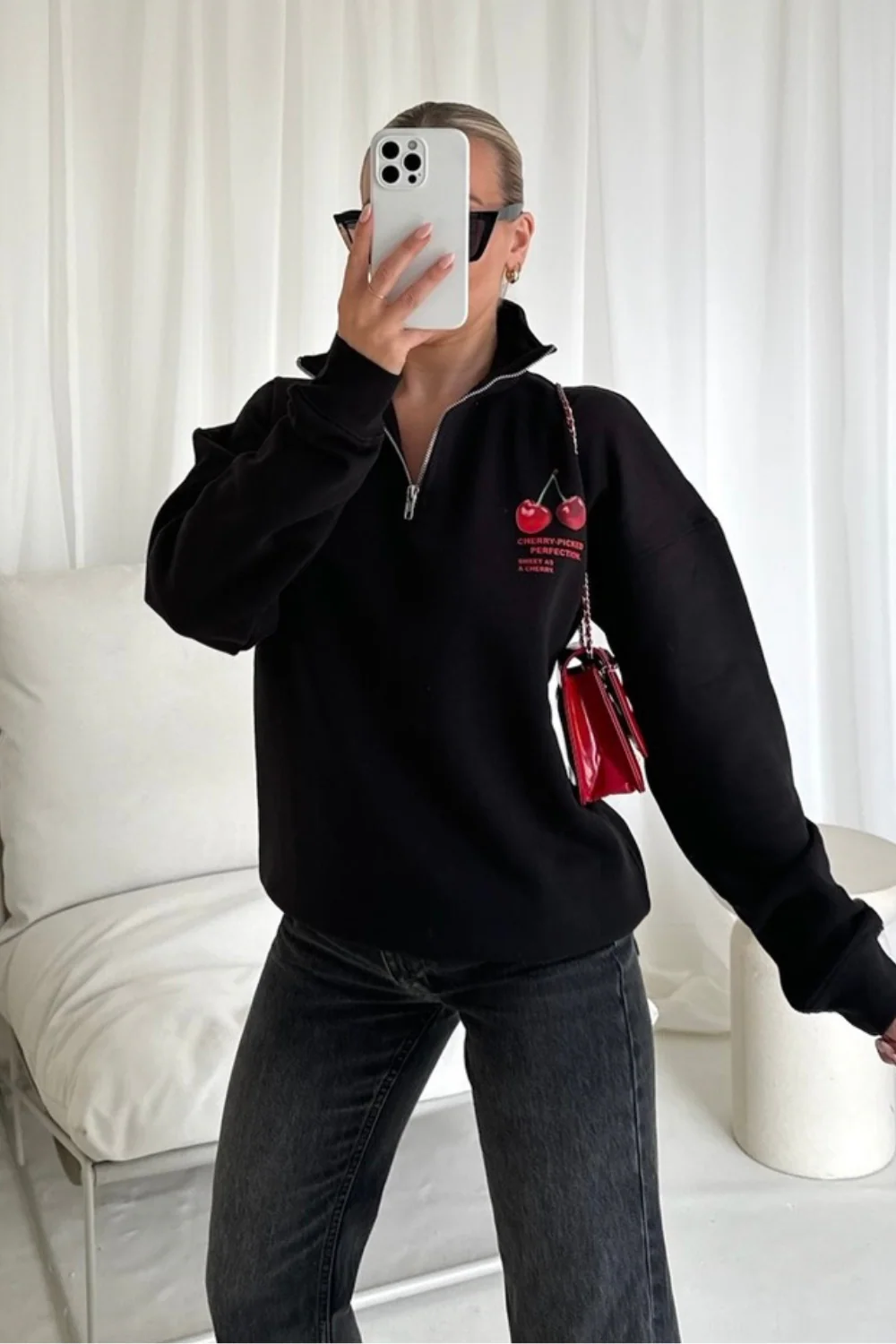 Cherry perfection black 3/4 zip up printed sweater