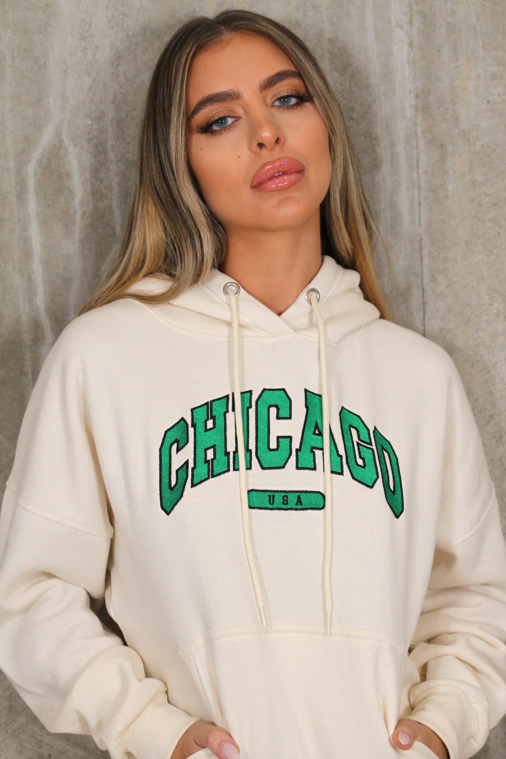 chicago ecru & green embroidered hoodie jogger loungewear set - Image 3
