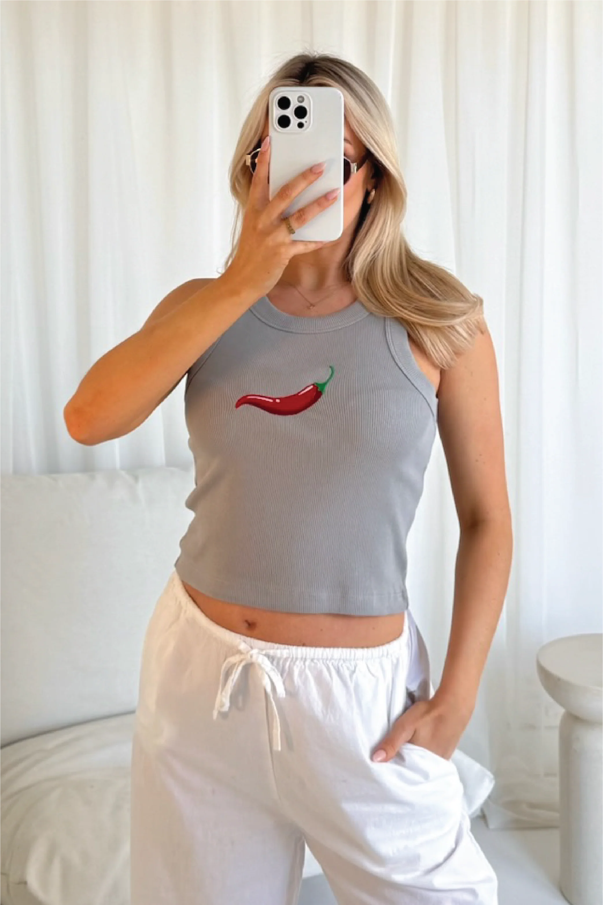 Chilli grey embroidered ribbed vest