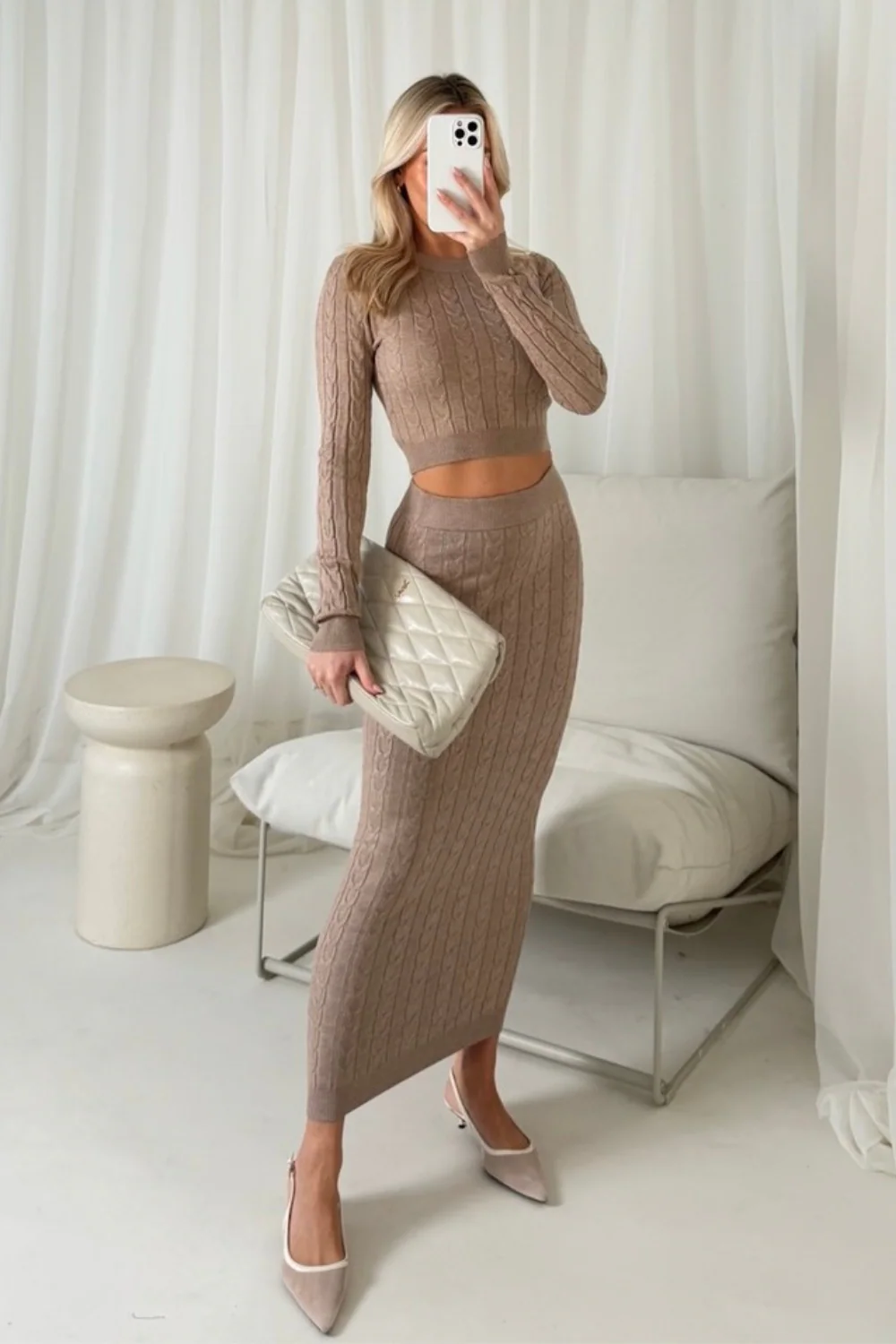 CHLOE BEIGE MIDI SKIRT CO ORD TWO PIECE SET - Image 3