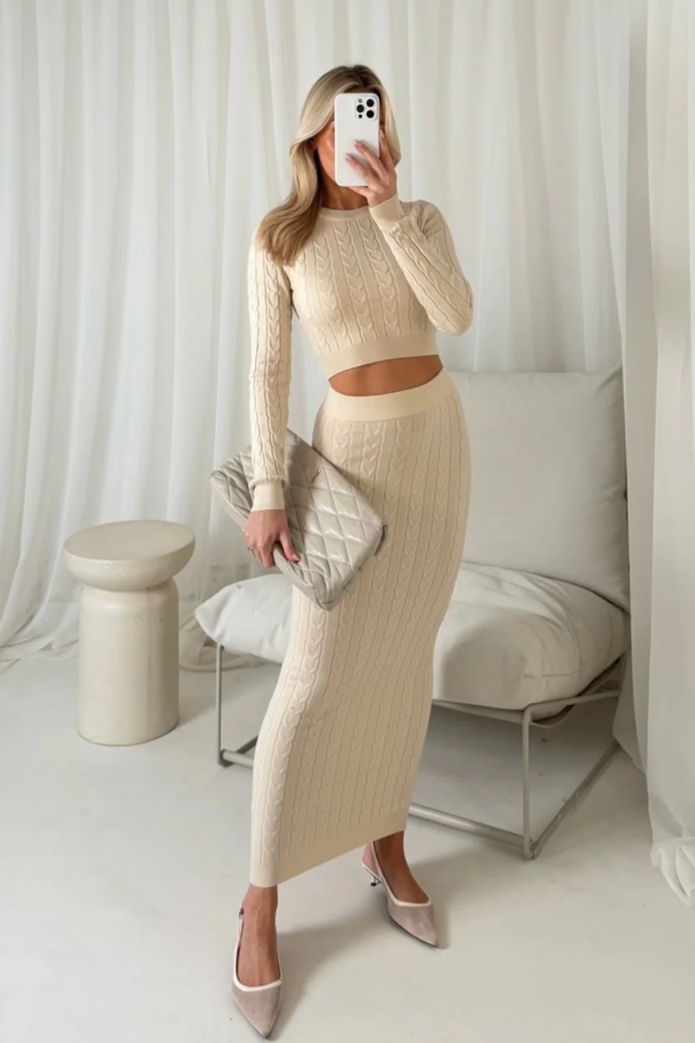 CHLOE CREAM MIDI SKIRT CO ORD TWO PIECE SET - Image 2