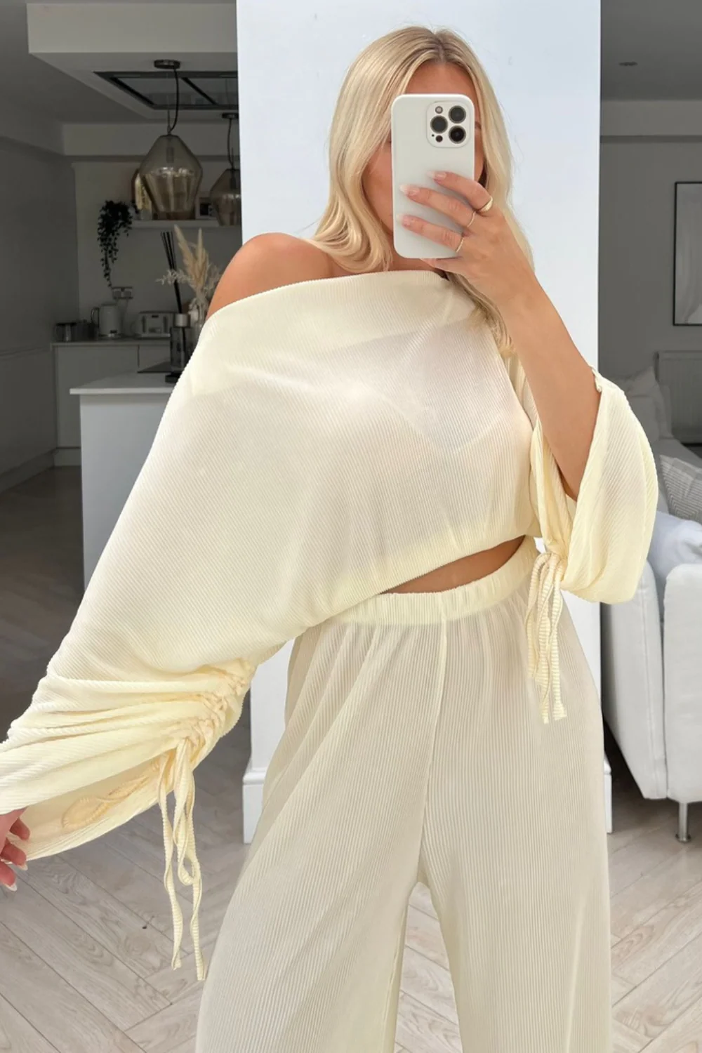 Christie cream pleated off shoulder ruched  trouser coord - Image 2