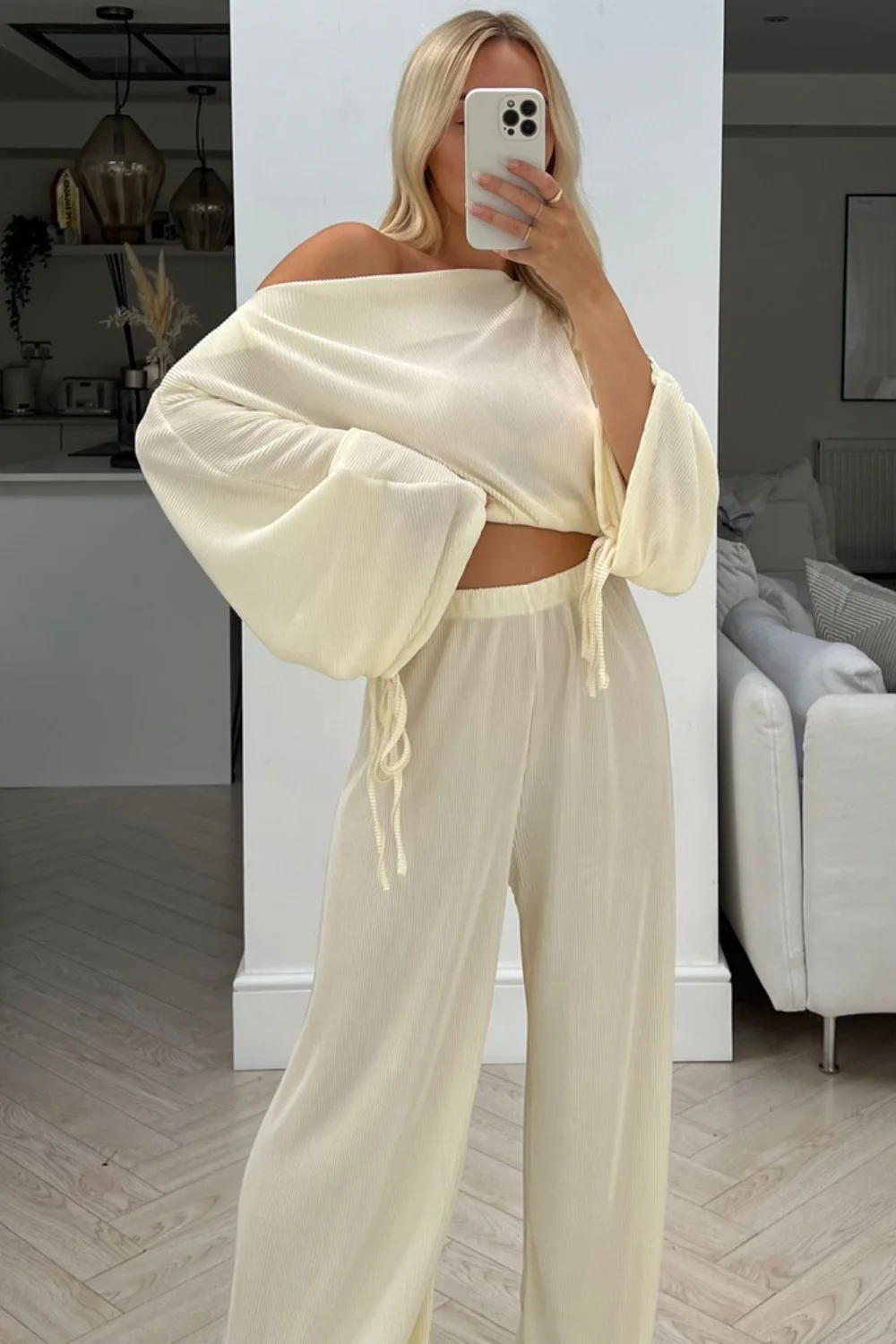 Christie cream pleated off shoulder ruched  trouser coord - Image 3