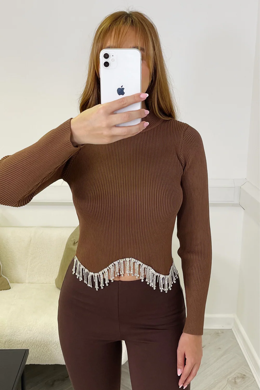 Christina chocolate ribbed diamante tassel top - Image 2