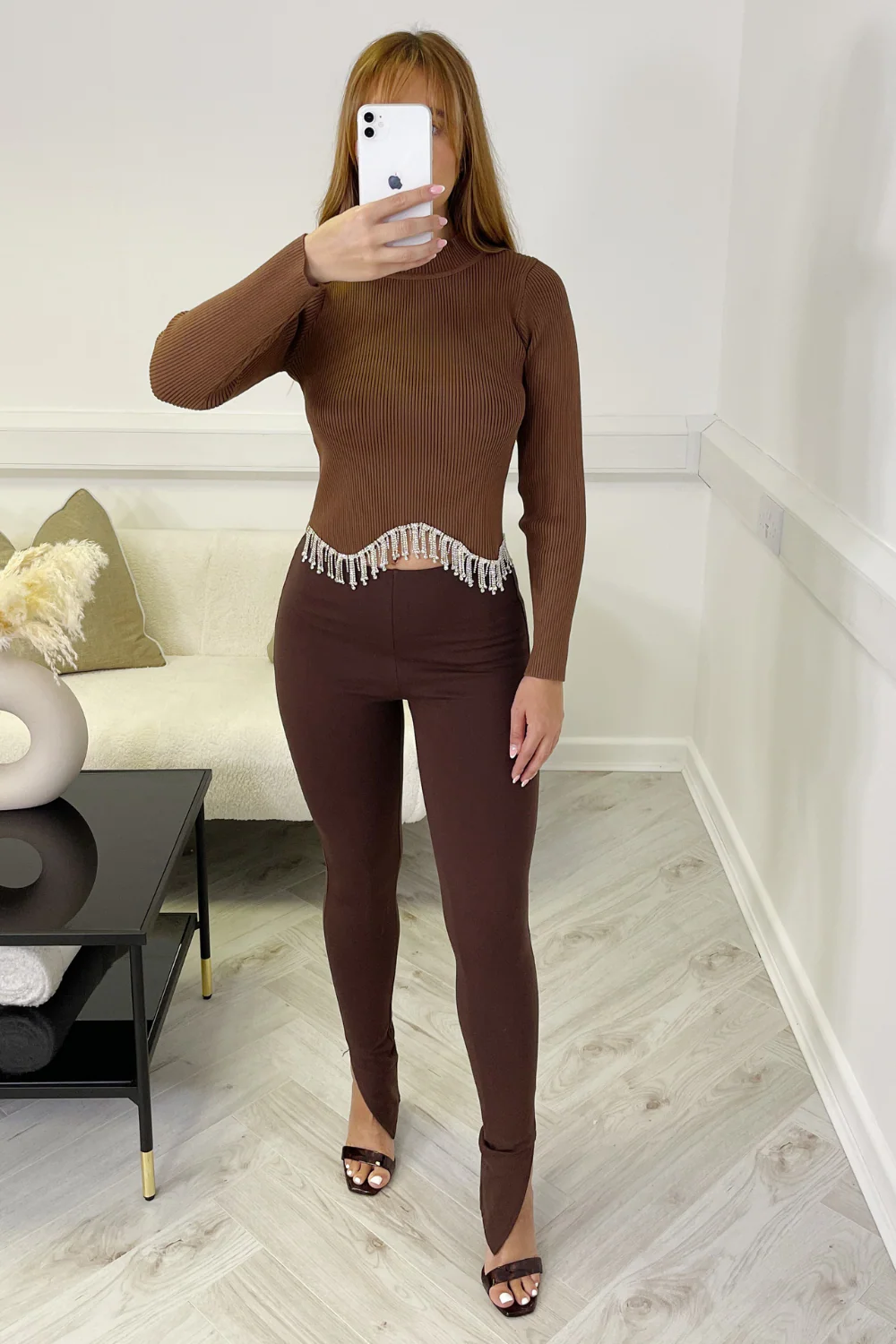 Christina chocolate ribbed diamante tassel top - Image 3