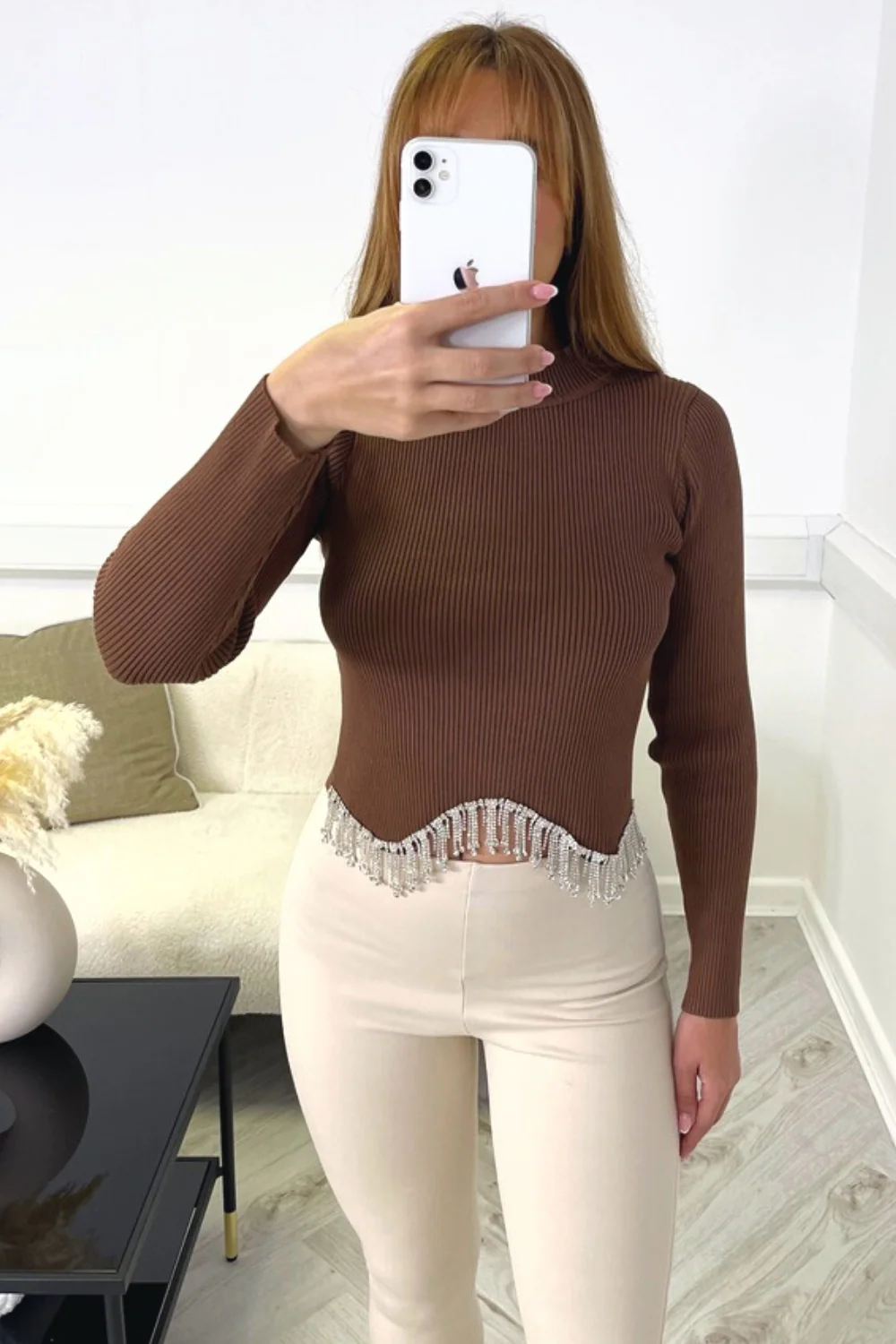 Christina chocolate ribbed diamante tassel top - Image 4