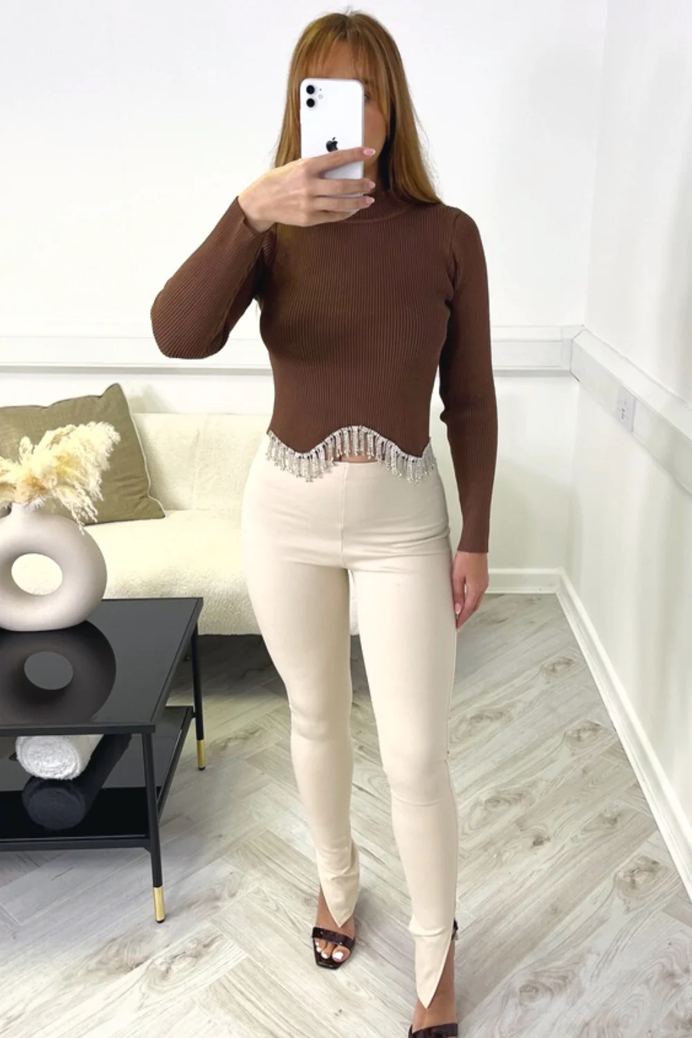 Christina chocolate ribbed diamante tassel top - Image 5