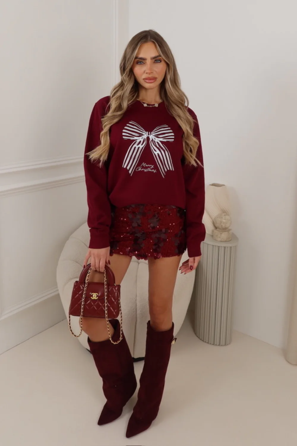 CHRISTMAS BOW BURGUNDY PRINTED SWEATER - Image 4