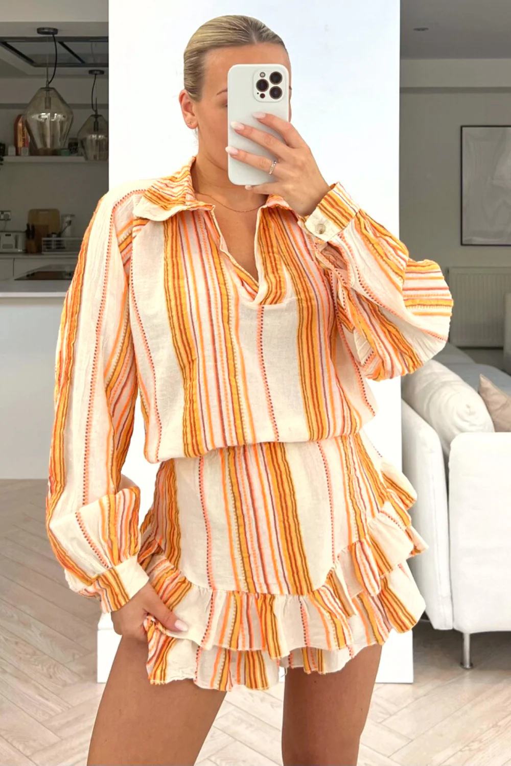 Cici orange & beige striped two piece frill short coord - Image 2
