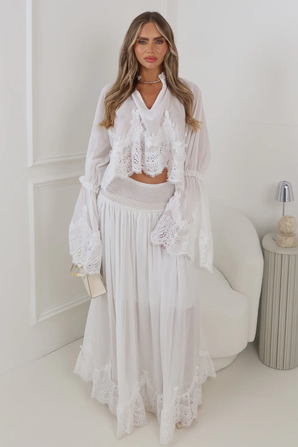 CLARA IVORY LACE TOP AND MAXI SKIRT CO ORD TWO PIECE SET