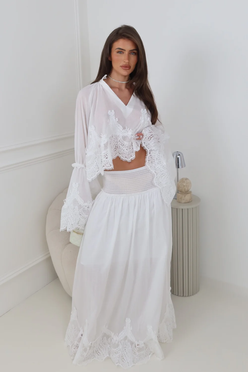 CLARA IVORY LACE TOP AND MAXI SKIRT CO ORD TWO PIECE SET - Image 2