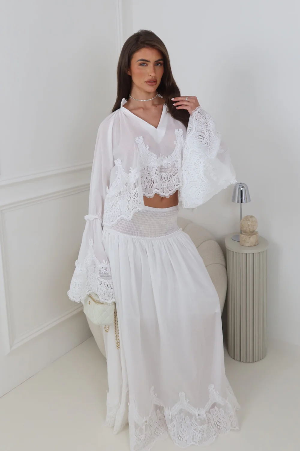 CLARA IVORY LACE TOP AND MAXI SKIRT CO ORD TWO PIECE SET - Image 3