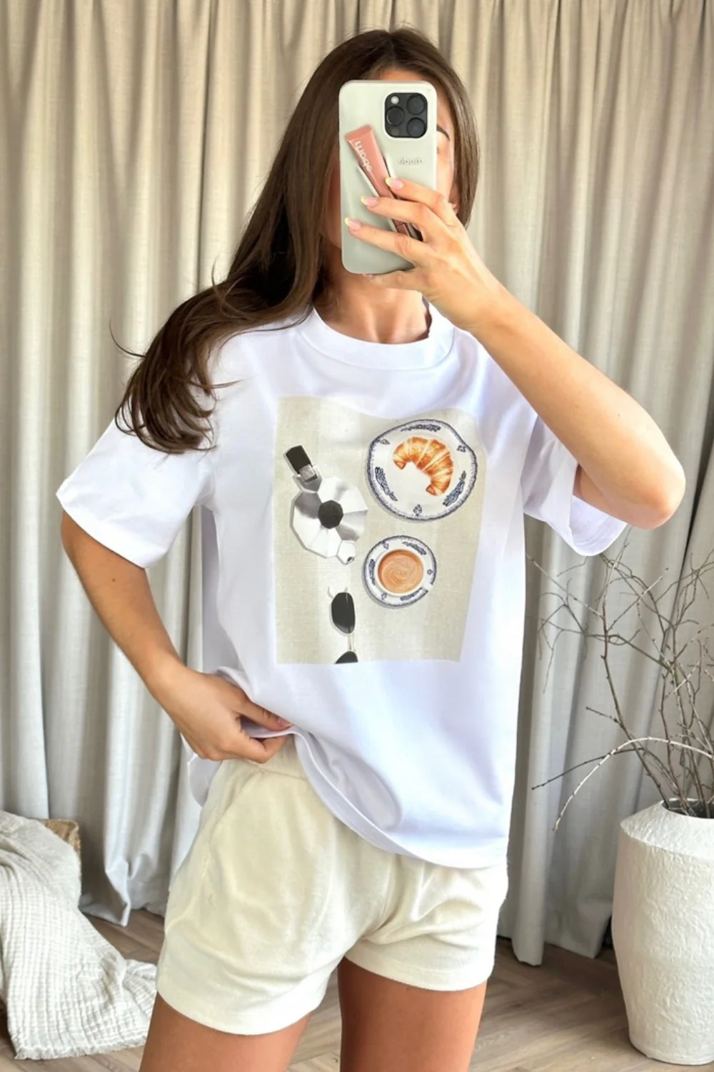 Coffee & croissants printed white heavyweight t-shirt - Image 3