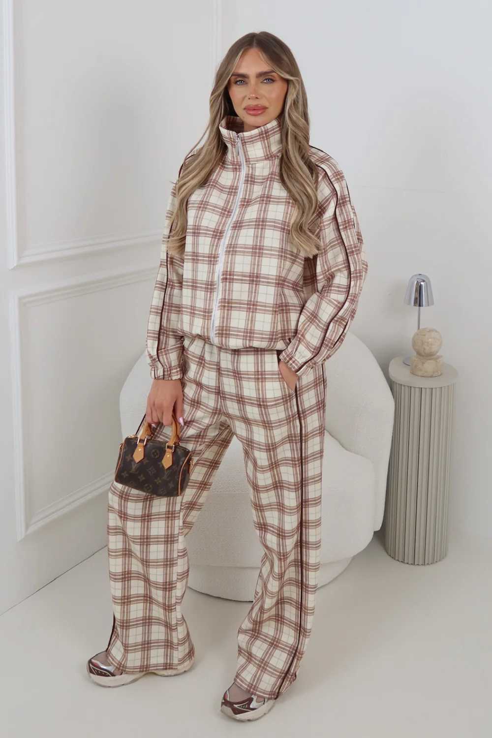 COLE BEIGE CHECKED PIPING TRACKSUIT CO ORD TWO PIECE SET