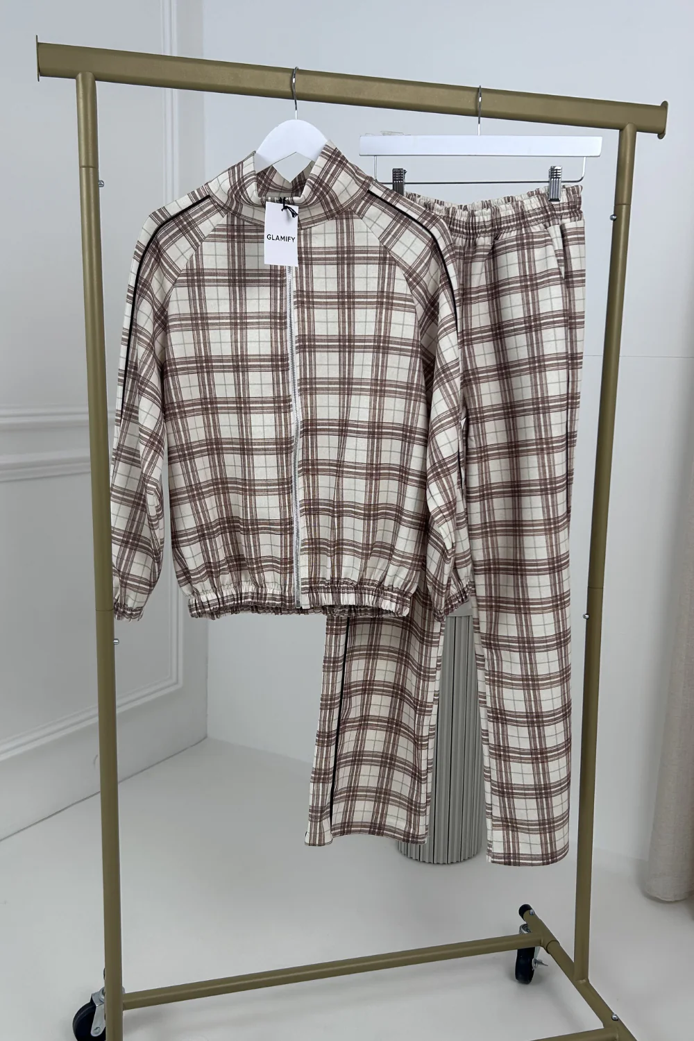 COLE BEIGE CHECKED PIPING TRACKSUIT CO ORD TWO PIECE SET - Image 2
