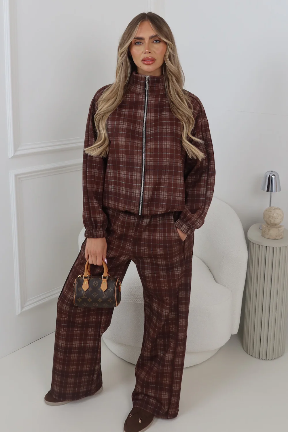 COLE CHOCOLATE CHECKED PIPING TRACKSUIT CO ORD TWO PIECE SET